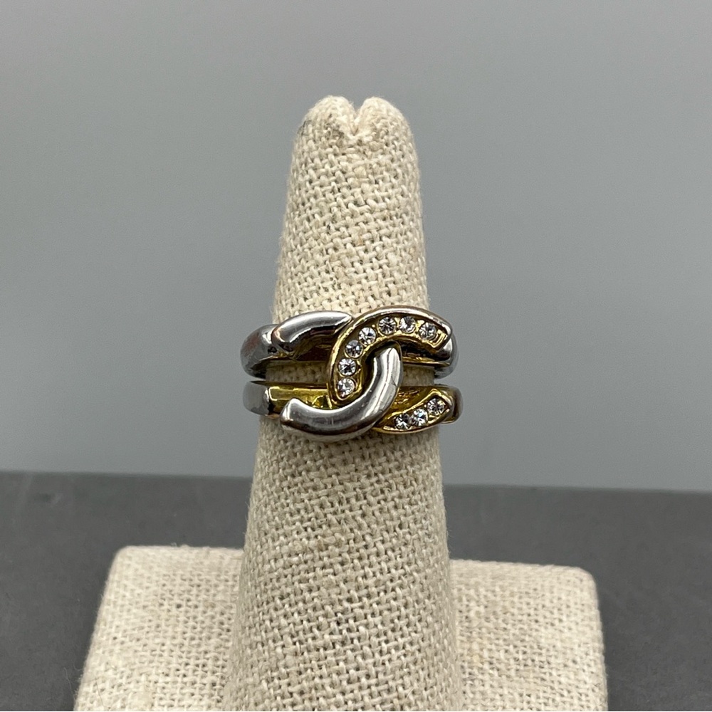 Double Locking C Crystal Two Tone Ring Size 6.5